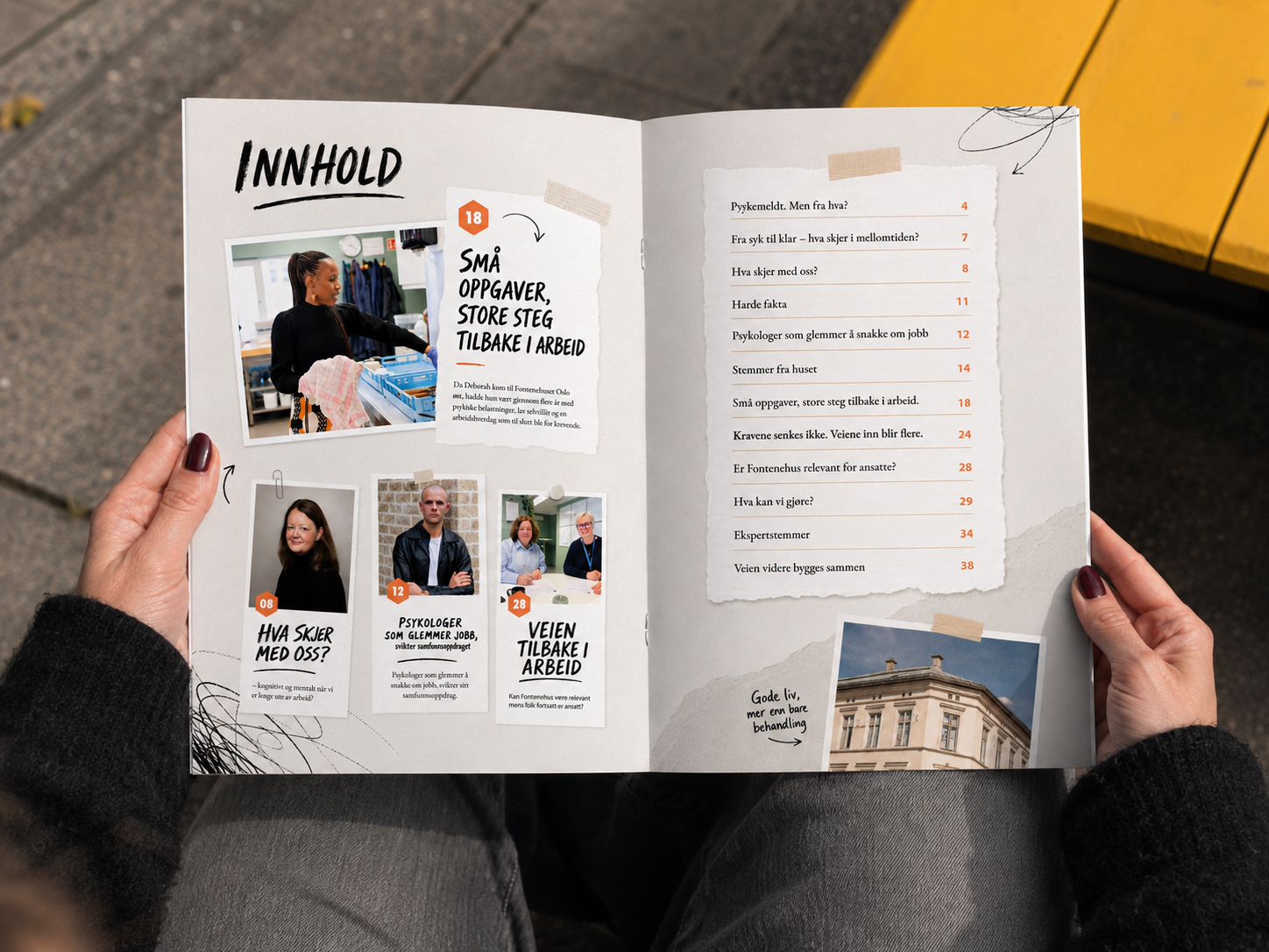 Åpent magasin med innholdsoversikt og små presentasjoner av artiklene